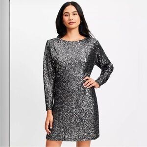 Loft NWT Sz 14 Gunmetal Pullover Sequin Long Sleeve Dress Sold Out Ret $120